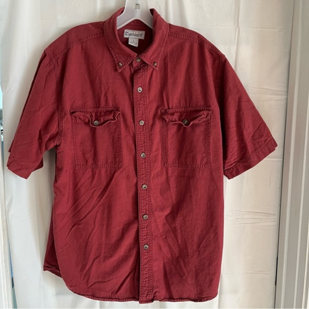 Carhartt Short Sleeve Button Down‎ Mens Shirt Size Large Maroon Work Blue Collar